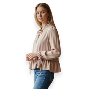 Imperial Italy Ruffle Hem Puff Sleeves Blouse Romantic beige pink Small